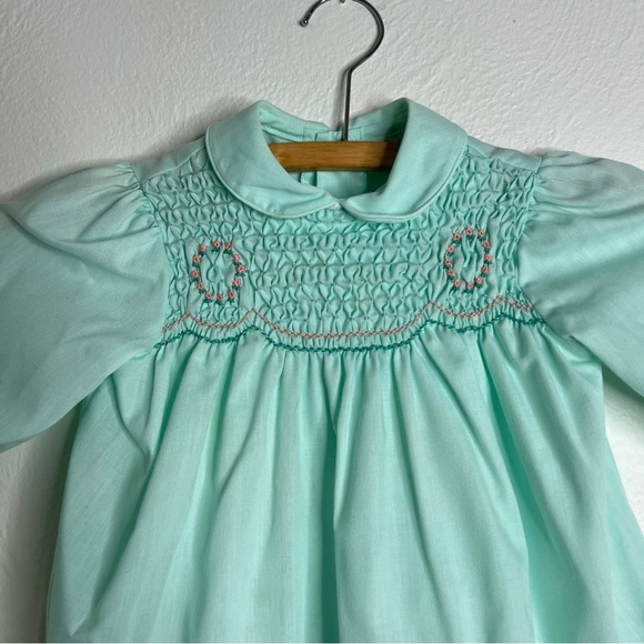 Vintage Polly Flinders Green Hand Smocked Lace Trim Circle Dress Size 2 Toddler - Picture 5 of 12